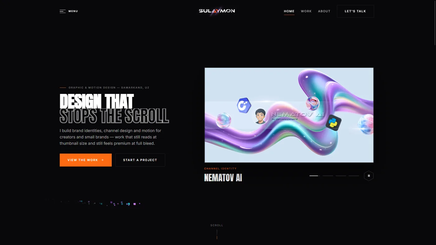 Sulaymon Ruziboev design portfolio, showing the hero and a channel identity project
