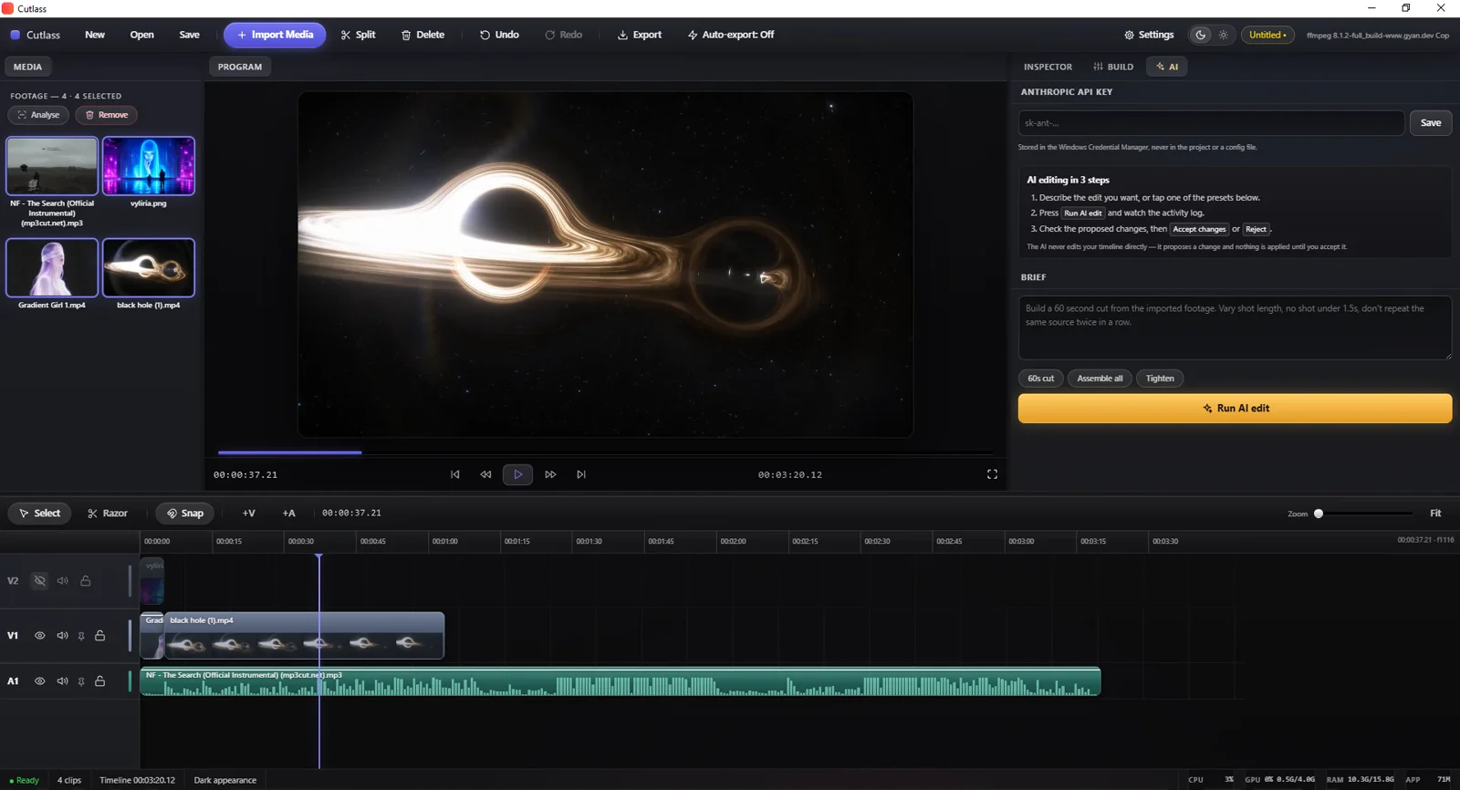 Cutlass AI panel: a plain-language brief, quick presets, and a Run AI edit button that proposes changes to review