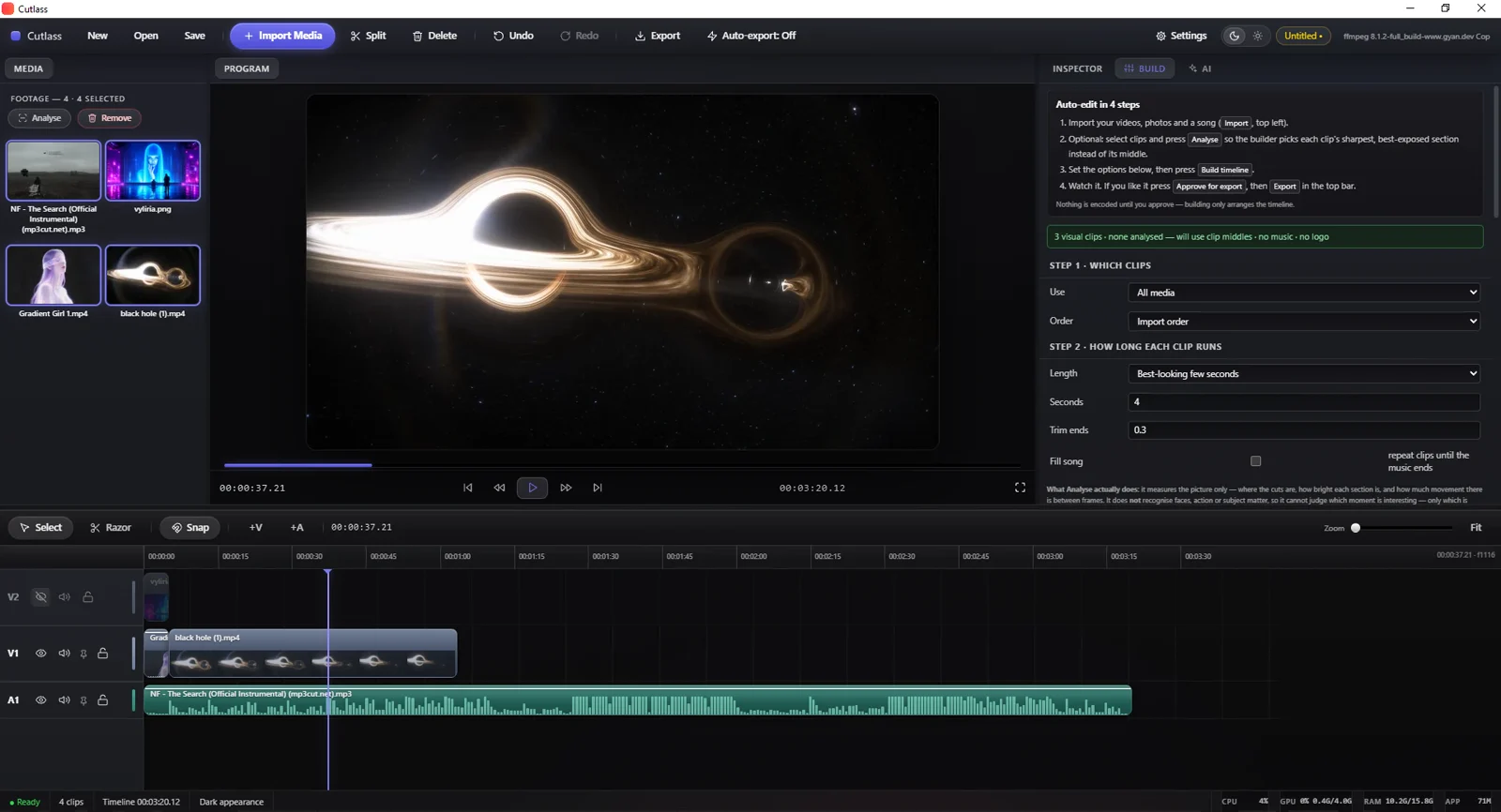 Cutlass auto-edit builder: choose clips, length and trim, then build a timeline with no AI and no API key