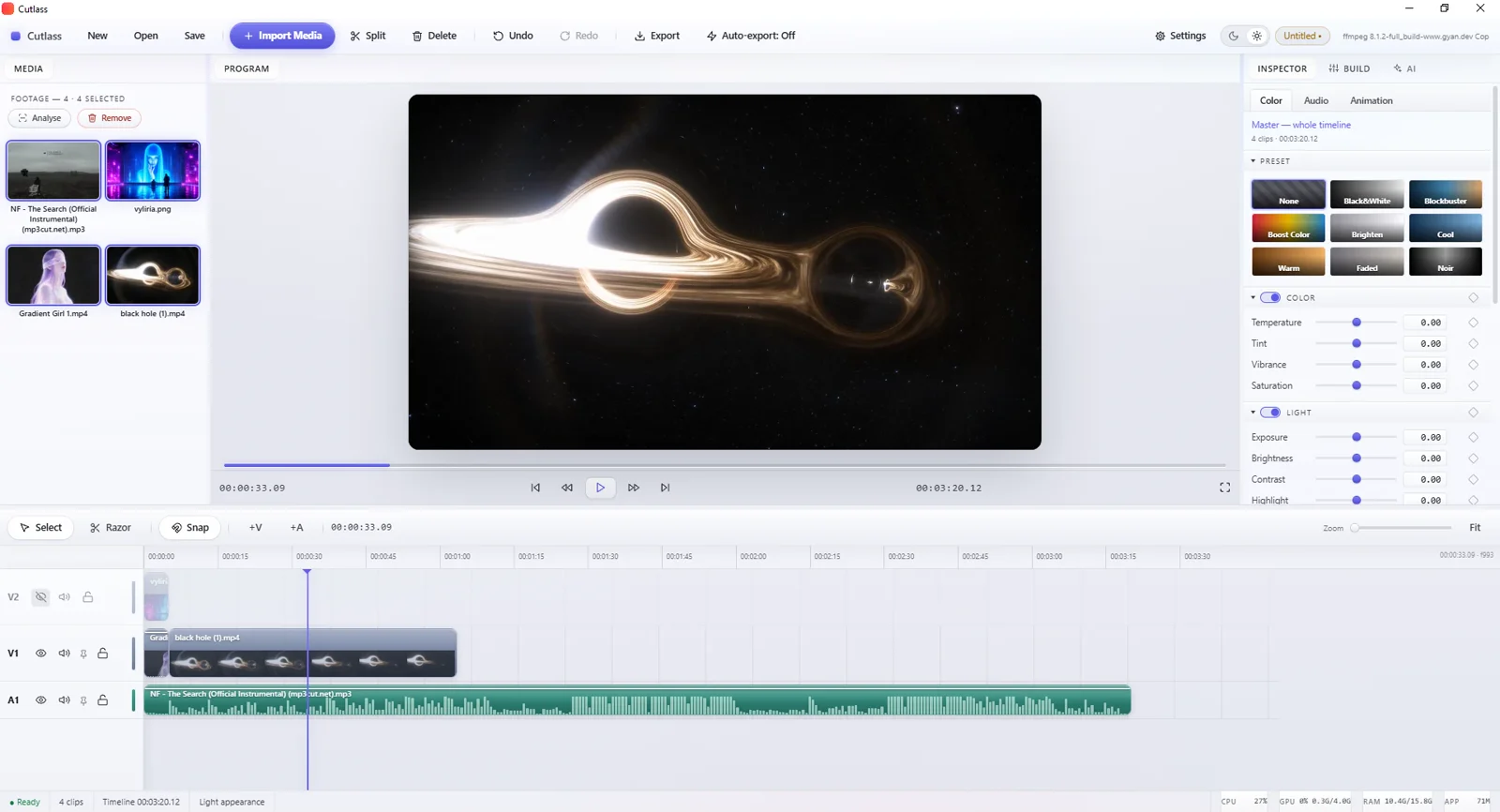 Cutlass colour panel: one-tap grade presets over manual temperature, tint, exposure and contrast controls