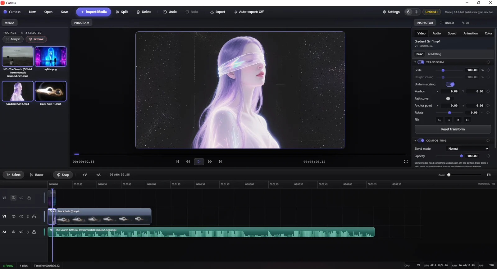 Cutlass video editor, showing its timeline, program monitor and inspector