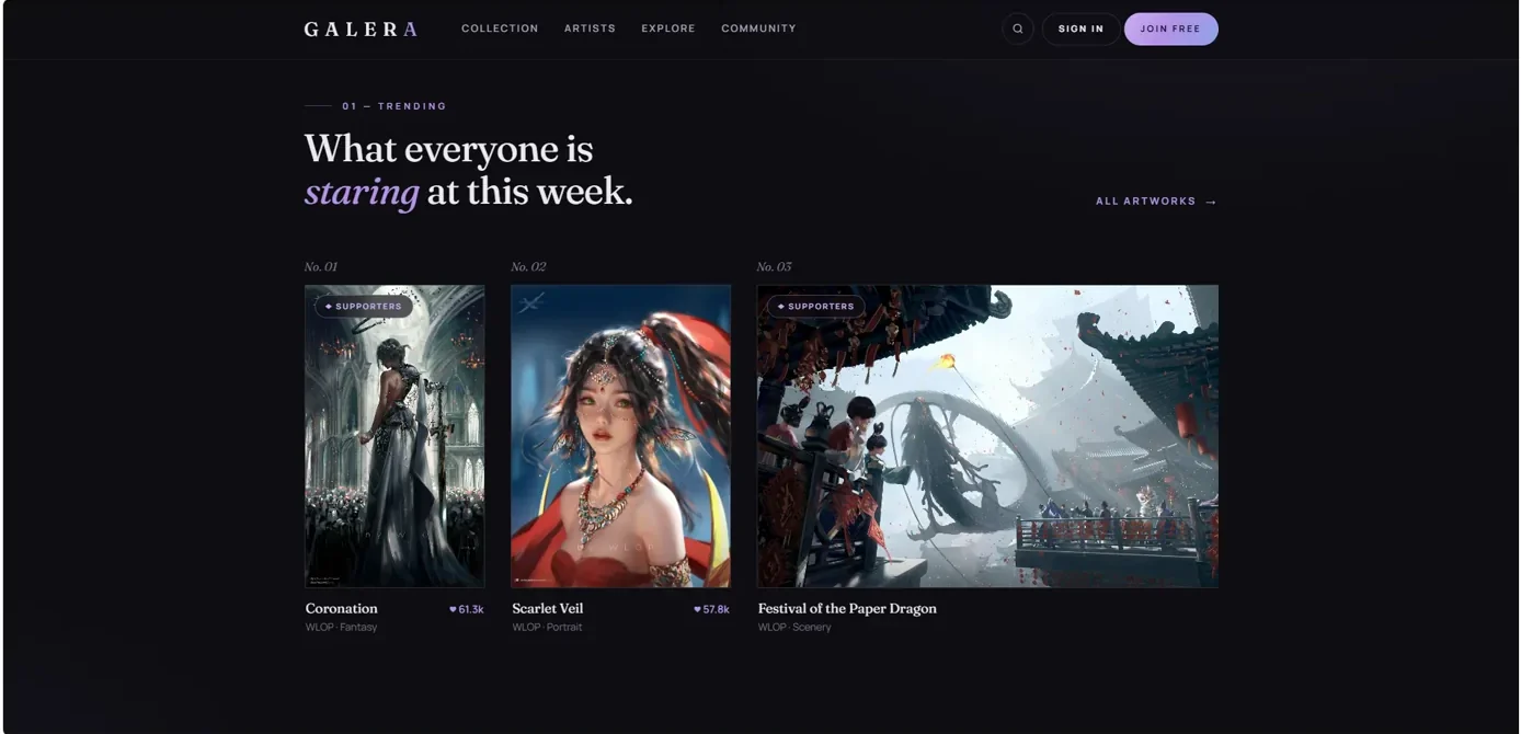 Galera trending section, showing featured artworks with supporter-only badges
