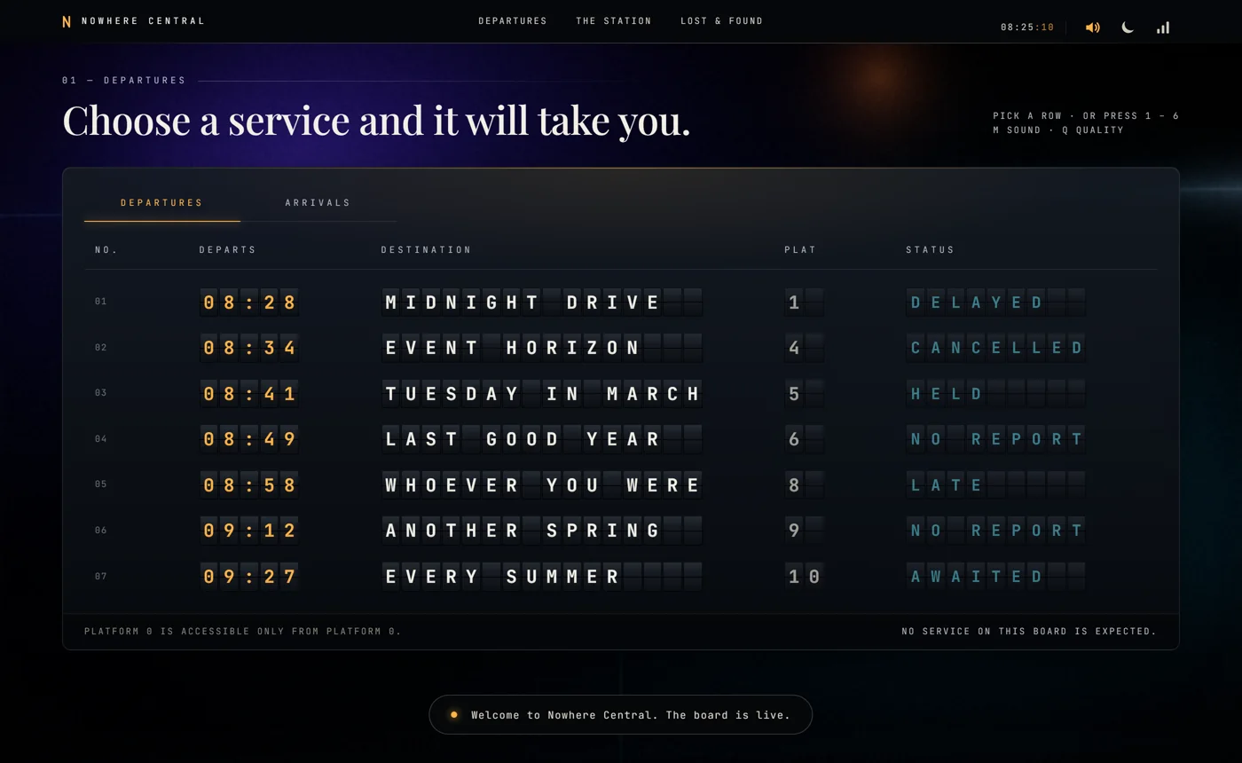 Nowhere Central, an ambient sleep site, showing its slow-drifting departure board